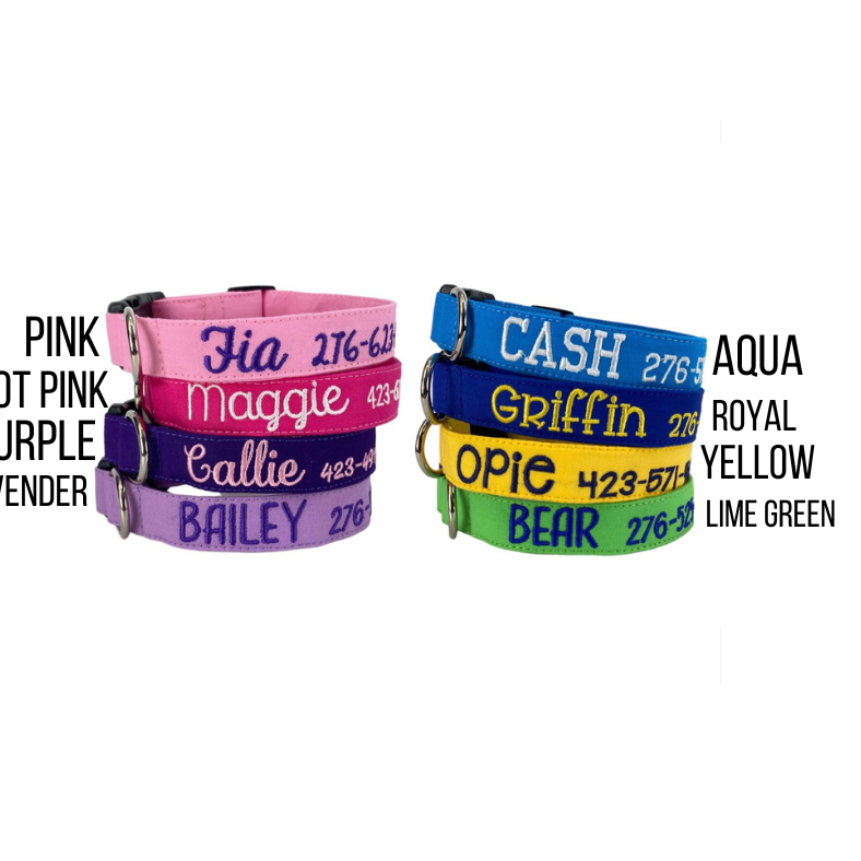 Whether choosing from a traditional dog collar, embroidered dog collar, or engraved buckle dog collar, you’ll find a great selection of personalized dog collars to choose from. Duke & Fox® personalized dog collars come in a variety of unique styles and patterns. Our embroidered collars and engraved buckle collars also add to your dog's safety and your peace of mind with critical contact information should you and your dog get separated. Solid colored embroidered dog collars.