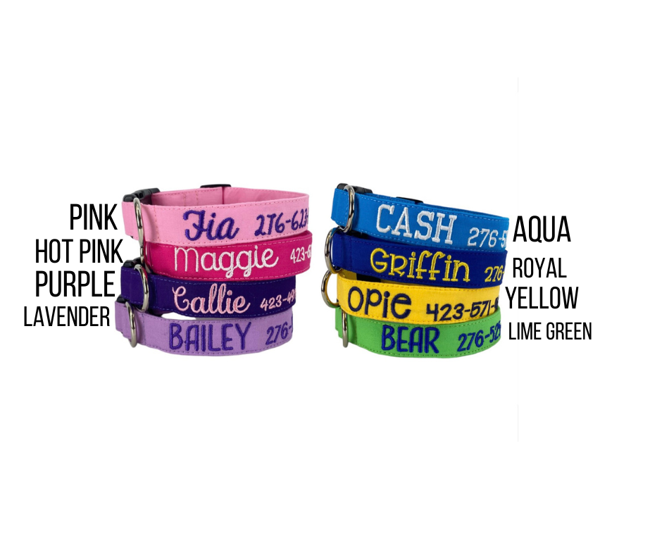 Whether choosing from a traditional dog collar, embroidered dog collar, or engraved buckle dog collar, you’ll find a great selection of personalized dog collars to choose from.  Duke & Fox® personalized dog collars come in a variety of unique styles and patterns. Our embroidered collars and engraved buckle collars also add to your dog's safety and your peace of mind with critical contact information should you and your dog get separated.  Solid colored embroidered dog collars.