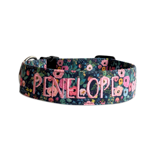 Floral Dog Collar. Personalized Dog Collar by Duke and Fox. Custom Dog Collar with embroidery. Embroidered Dog collar with a name in pink thread.