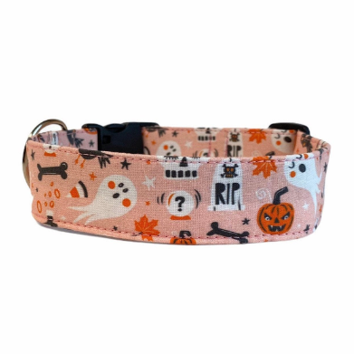 Personalized Dog Collar by Duke & Fox. Pink Halloween dog collar with ghosts, pumpkins, bones, leaves, skulls, black birds, and candy corns. Embroidered Dog Collar, Custom Dog Collar.