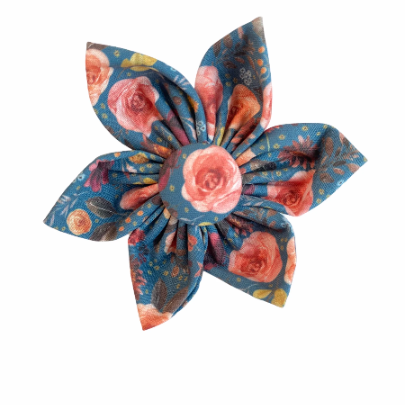 Dog Collar Accessory. Dog Collar Flower. Dog Collar Rose. Deep blue with vibrant pink florals.