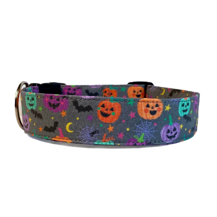 Personalized Dog Collar. Custom Dog Collar by Duke & Fox. Embroidered Dog Collar. Gray Dog Collar with orange, purple, and turquoise jack-o-lanterns, spiders, bats, stars, and moons. Halloween Dog Collar.