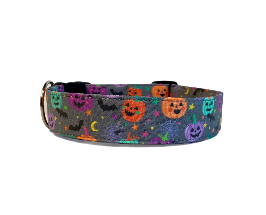 Personalized Dog Collar. Custom Dog Collar by Duke & Fox. Embroidered Dog Collar. Gray Dog Collar with orange, purple, and turquoise jack-o-lanterns, spiders, bats, stars, and moons. Halloween Dog Collar.