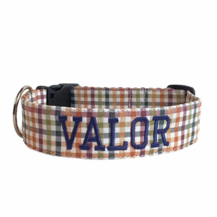 Fall Gingham Dog collar. Personalized Dog Collar. Embrodiered dog Collar. Custom Dog Collar by Duke & Fox. Orange, navy, moss, and burgundy gingham dog collar with the name Valor embroidered in navy thread.