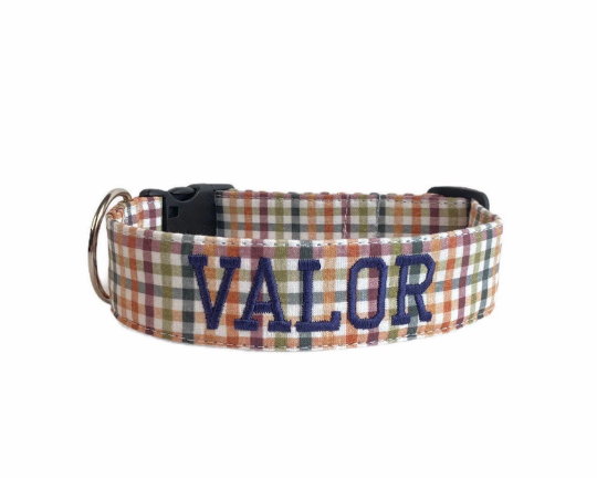 Fall Gingham Dog collar. Personalized Dog Collar. Embrodiered dog Collar. Custom Dog Collar by Duke & Fox. Orange, navy, moss, and burgundy gingham dog collar with the name Valor embroidered in navy thread.