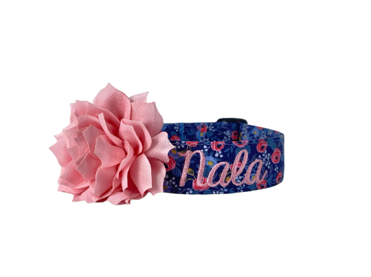 Whether choosing from a traditional dog collar, embroidered dog collar, or engraved buckle dog collar, you’ll find a great selection of personalized dog collars to choose from. Duke & Fox® personalized dog collars come in a variety of unique styles and patterns. Our embroidered collars and engraved buckle collars also add to your dog's safety and your peace of mind with critical contact information should you and your dog get separated. Blue floral dog collar.
