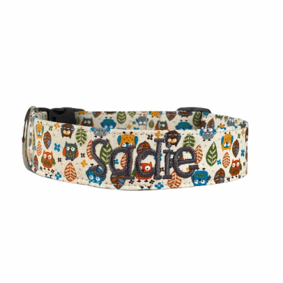 Owl Dog Collar. Custom Dog Collar by Duke and Fox. Personalized Dog Collar with owls. Embroidered Dog Collar. Owl Pattern Collar with green, orange, and blue owls, and leaves with an embroidered dark gray name.
