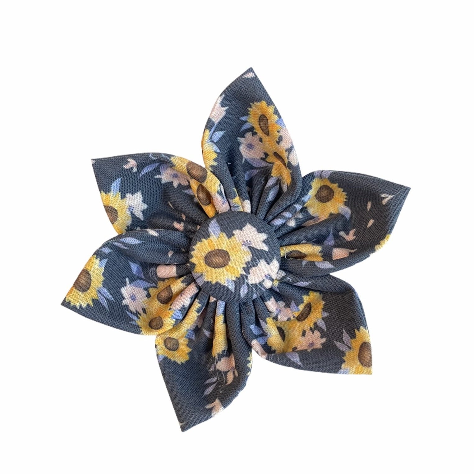 Sunflower Dog Collar Accessory. Dog Collar Sunflower. Navy blue background with yellow sunflowers printed on top.