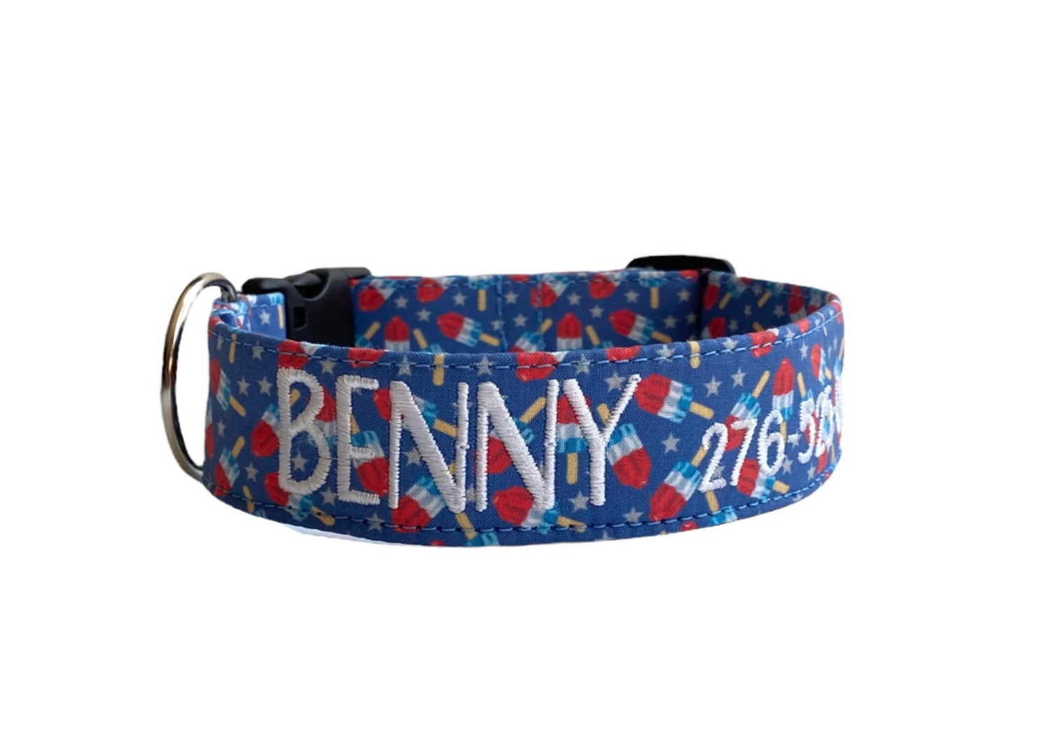 Whether choosing from a traditional dog collar, embroidered dog collar, or engraved buckle dog collar, you’ll find a great selection of personalized dog collars to choose from. Duke & Fox® personalized dog collars come in a variety of unique styles and patterns. Our embroidered collars and engraved buckle collars also add to your dog's safety and your peace of mind with critical contact information should you and your dog get separated. Summer rocket popsicle dog collar. 4th of July dog collar.