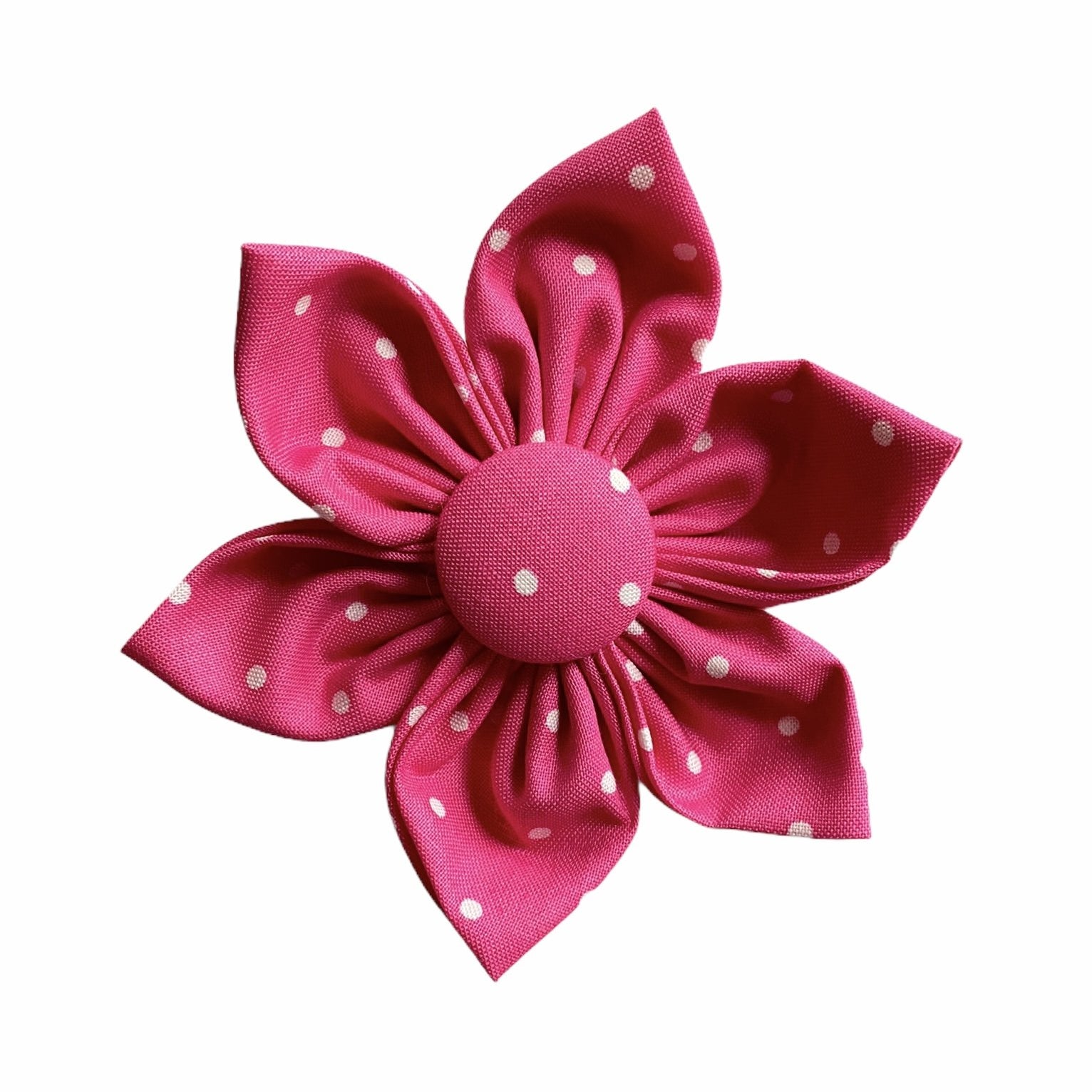 A pink flower with white polka dots and velcro backing to be put onto any dogs collar.