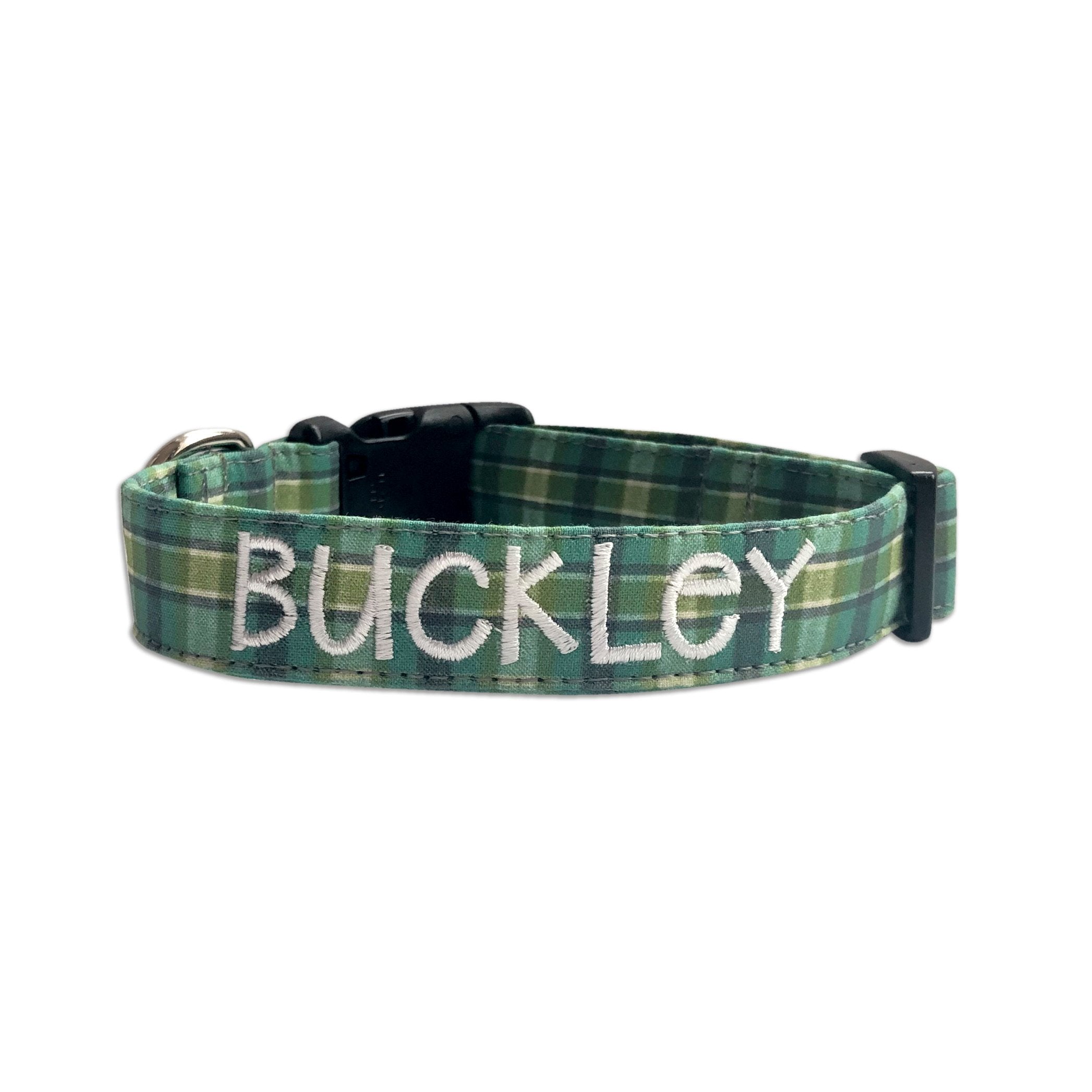 Irish Plaid Dog Collar. St. Patrick's Day Dog Collar. Personalized Dog Collar by Duke & Fox. Custom Dog Collar. Embroidered Dog Collar with cream thread.