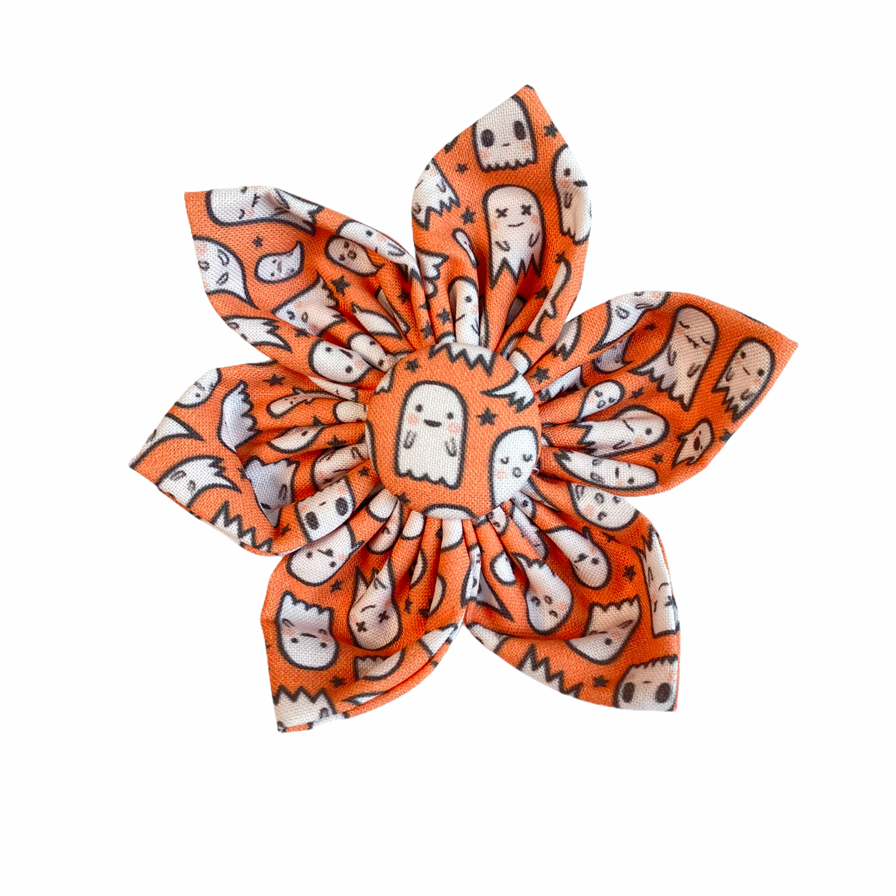Dog Collar Flower. Halloween Dog Collar Accessory. Ghost Dog Collar featuring cute white ghosts with an orange background.