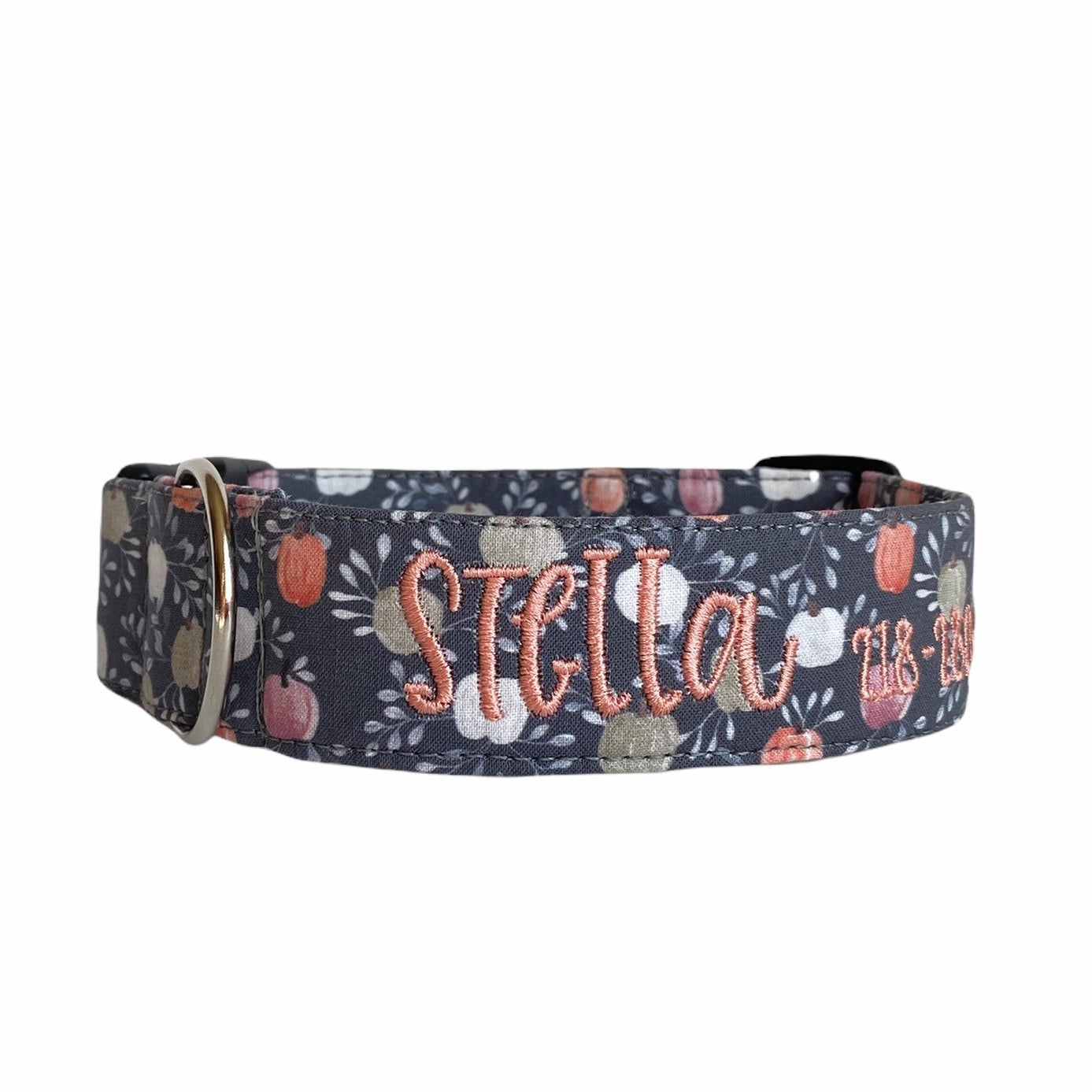 Farmhouse Pumpkin Dog Collar. Personalized Dog Collar. Embroidered Dog Collar. Pumpkin Dog Collar with Embroidered Name with coral thread. Custom Dog Collar by Duke & Fox.
