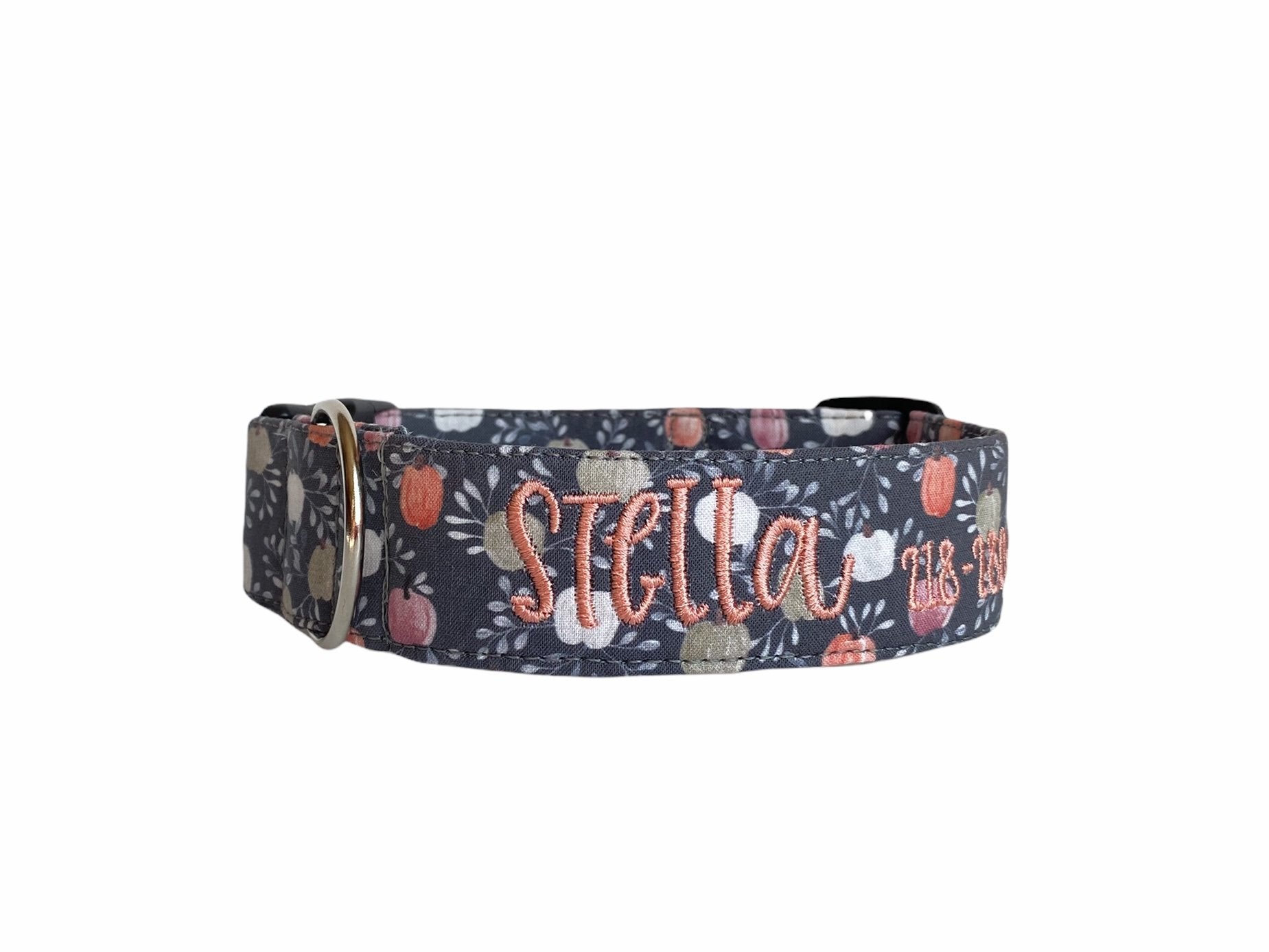 Farmhouse Pumpkin Dog Collar. Personalized Dog Collar. Embroidered Dog Collar. Pumpkin Dog Collar with Embroidered Name with coral thread. Custom Dog Collar by Duke & Fox.