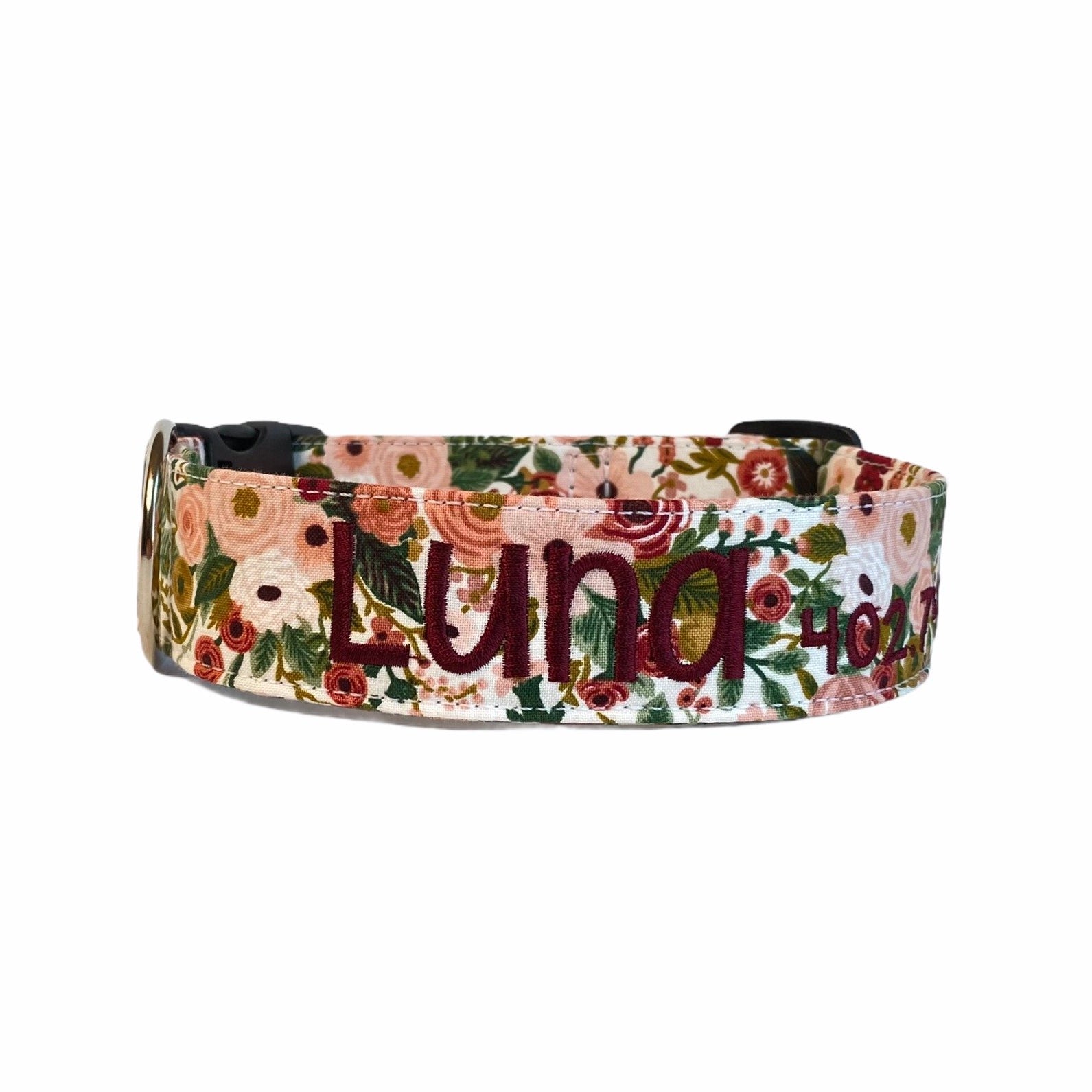 Rifle Paper Co. Dog Collar. Personalized Dog Collar. Custom Dog Collar. Embroidered Dog Collar. Floral Dog Collar with pink and burgundy flowers and an embroidered name and phone number in burgundy thread.