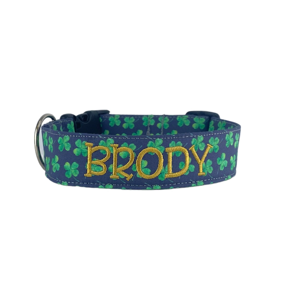 Whether choosing from a traditional dog collar, embroidered dog collar, or engraved buckle dog collar, you’ll find a great selection of personalized dog collars to choose from. Duke & Fox® personalized dog collars come in a variety of unique styles and patterns. Our embroidered collars and engraved buckle collars also add to your dog's safety and your peace of mind with critical contact information should you and your dog get separated. St. Patrick's Day dog collar with clovers.