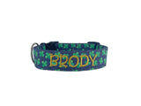 Whether choosing from a traditional dog collar, embroidered dog collar, or engraved buckle dog collar, you’ll find a great selection of personalized dog collars to choose from.  Duke & Fox® personalized dog collars come in a variety of unique styles and patterns. Our embroidered collars and engraved buckle collars also add to your dog's safety and your peace of mind with critical contact information should you and your dog get separated.  St. Patrick's Day dog collar with clovers. 