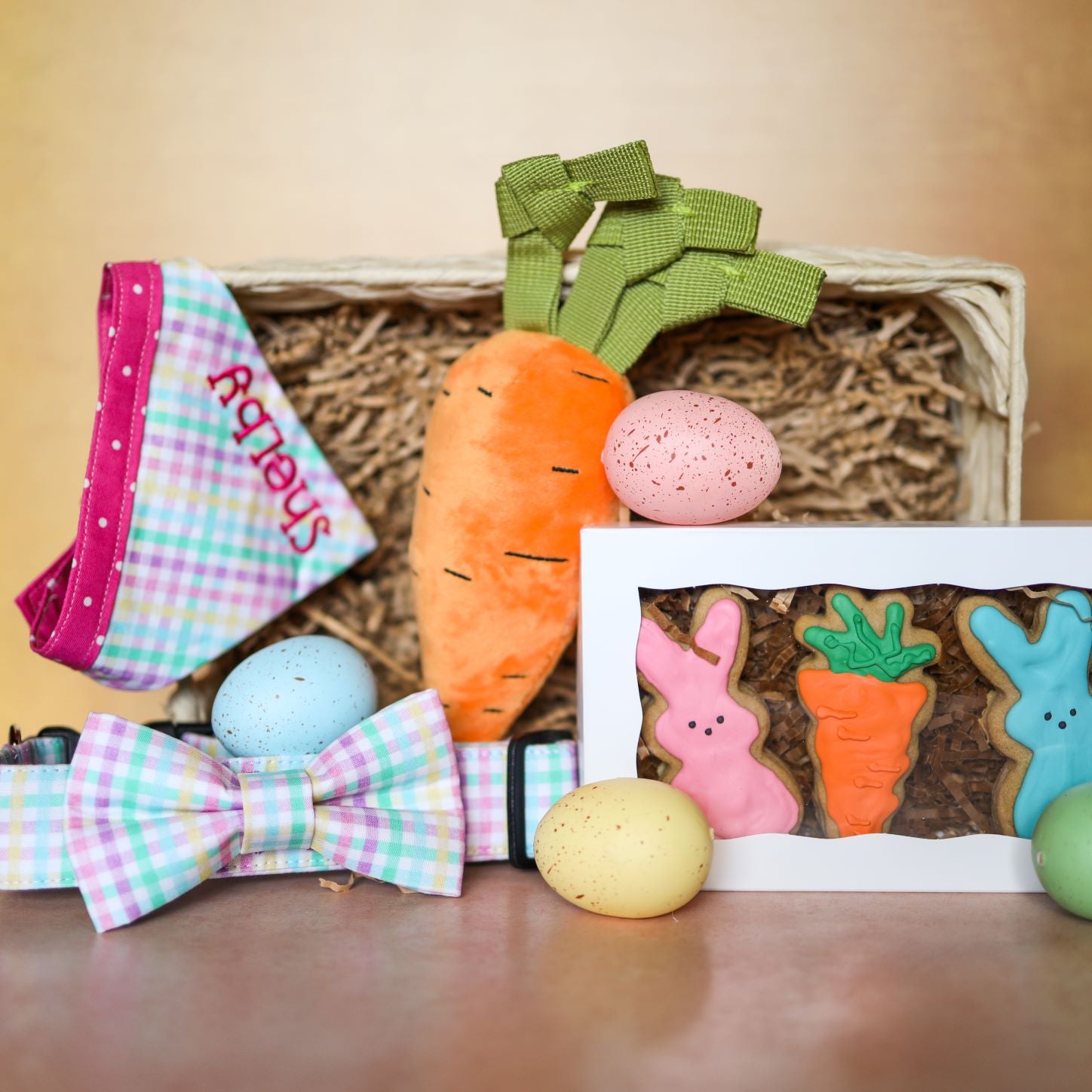 Dog Easter Basket with Toys, Homemade Cookies, Embroidered Collar and Easter Bandana