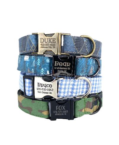 Engraved buckle dog collars by Duke & Fox. Personalized dog collars in a variety of sizes and patterns for all dog breed.