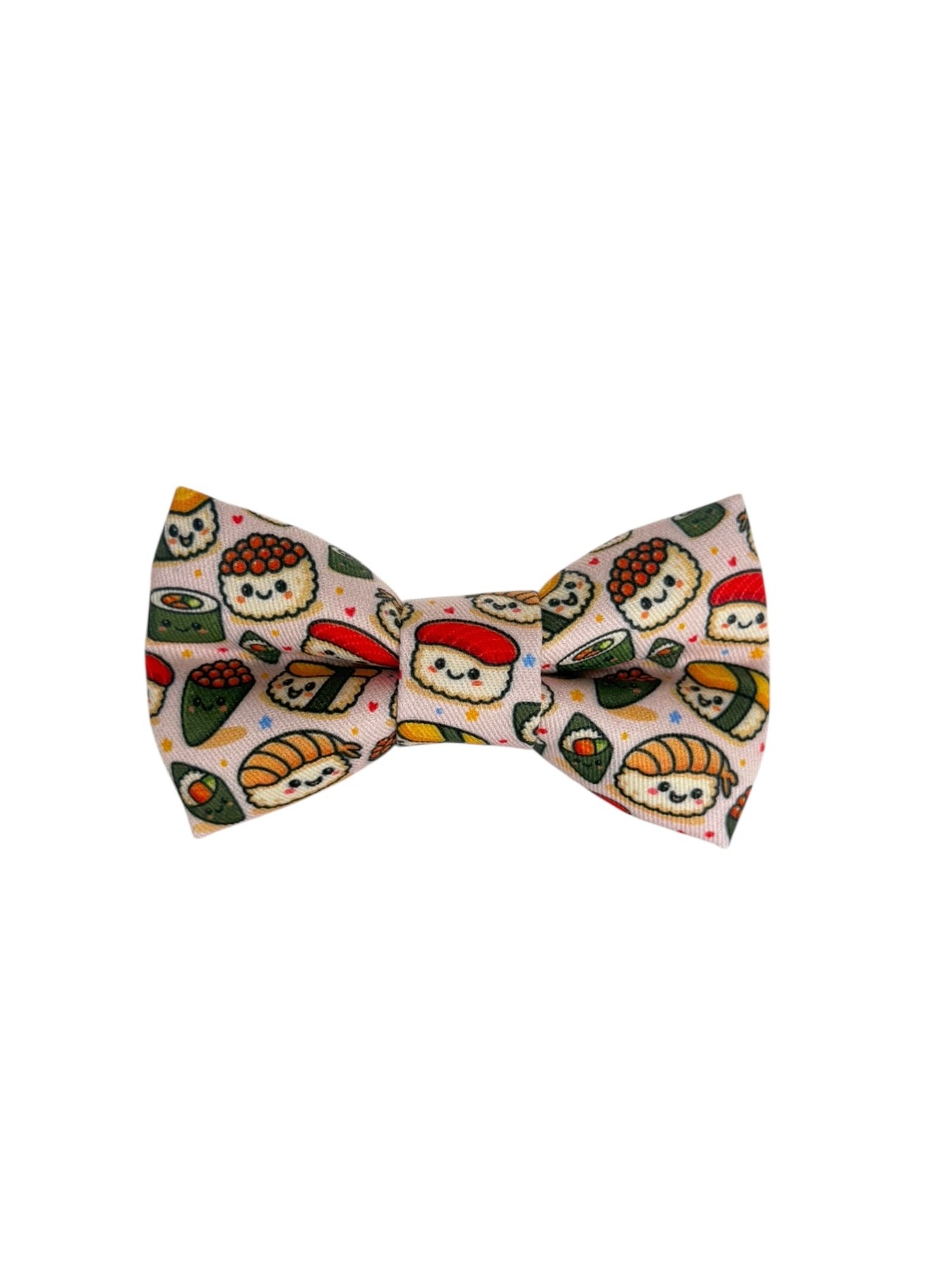 Light pink bow tie with sushi design on a white background.  Adjustable with velcro.  Custom dog bow tie by Duke & Fox.