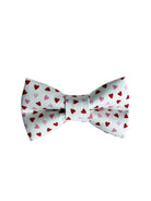 White bow tie with red and pink heart patterns on a white background.  Adjustable with velcro.  Custom dog bow tie by Duke & Fox.
