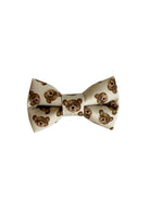 Off white bow tie with teddy bear pattern on a white background.  Adjustable with velcro.  Custom dog bow tie by Duke & Fox.