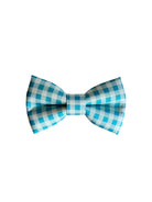 Blue and white checkered bow tie on a white background.  Adjustable with velcro.  Custom dog bow tie by Duke & Fox.
