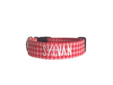 Personalized Valentine's Day Dog Collar by Duke & Fox. Pink and red houndstooth dog collar for Valentine's Day. 