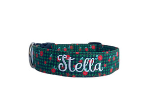 Custom Christmas Dog Collar With Flower, Plaid Dog Collars