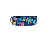 This vibrant dog collar features a playful and colorful abstract pattern with bold shapes and cheerful designs on a deep blue background. The lively mix of colors, including pink, yellow, green, and orange, makes it a standout accessory for your pup. Perfect for adding a fun and unique touch to your dog's everyday look, this collar is both stylish and durable, ideal for pets who love to make a statement!