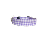 This charming lavender gingham dog collar is perfect for spring, ideal for stylish pups. It can be personalized with embroidery or with an engraved buckle for added safety. Handmade and beautifully crafted, this collar is a perfect blend of functionality and style for your furry friend’s springtime adventures.