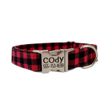 Whether choosing from a traditional dog collar, embroidered dog collar, or engraved buckle dog collar, you’ll find a great selection of personalized dog collars to choose from.  Duke & Fox® personalized dog collars come in a variety of unique styles and patterns. Our embroidered collars and engraved buckle collars also add to your dog's safety and your peace of mind with critical contact information should you and your dog get separated.  Red buffalo plaid dog collar. 
