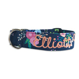 Navy dog collar with pink and coral flowers and a coral embroidered name.  Duke & Fox Custom Dog Collar. Embroidered Dog Collar.