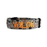 Halloween Dog Collar. Custom Dog Collar by Duke & Fox. Embroidered Dog collar. Dog Collar with candy corn, spiders, ghosts, bats, and bones. Embroidered Halloween Dog Collar with Neon Orange Personalization.