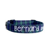 Green and navy blue plaid dog collar. Personalized Dog Collar embroidered with white thread. Tartan plaid with embroidery. 
