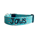 Personalized Dog Collar by Duke & Fox. Shark Collar with embroidered name. Aqua colored dog collar with gray sharks and embroidered name. 