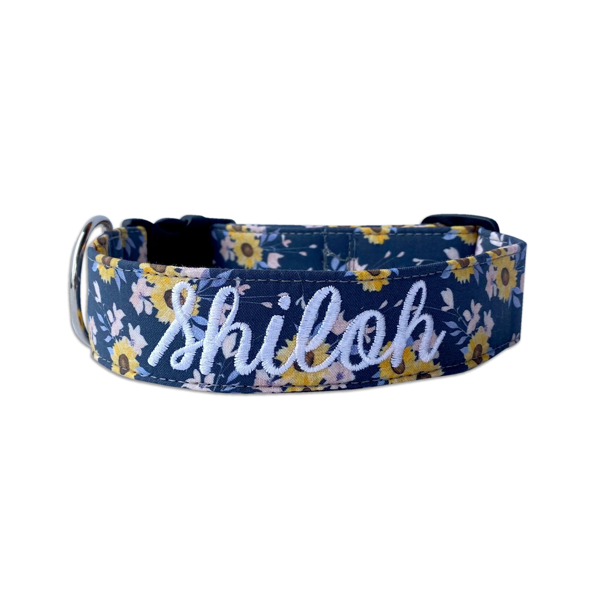 Personalized Sunflower Dog Collar. Custom Dog Collar by Duke & Fox. Embroidered Dog Collar. Sunflower Dog Collar with embroidered contact information. 