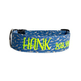 Blue and gray shark collar with name and phone number embroidered in neon yellow thread.  Personalized shark collar by Duke & Fox.