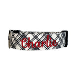 Black and white plaid collar. Personalized Dog Collar by Duke & Fox. Custom dog collar with red embroidered name. Black and white plaid with an embroidered name in red thread.