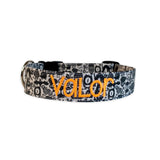 Personalized Dog Collar. Custom Dog Collar by Duke & Fox. Embroidered dog Collar. Halloween dog collar with little monsters and an embroidered name with neon orange thread.