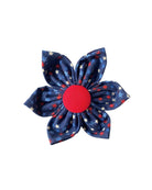 A very patriotic dog collar flower shaped accessory. Navy blue with red white and blue stars printed all over.