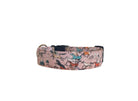 Duke & Fox personalized dog collar with embroidery and custom engraving. A pink horse collar with mountains. A ranch dog collar.