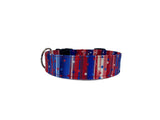 Whether choosing from a traditional dog collar, embroidered dog collar, or engraved buckle dog collar, you’ll find a great selection of personalized dog collars to choose from.  Duke & Fox® personalized dog collars come in a variety of unique styles and patterns. Our embroidered collars and engraved buckle collars also add to your dog's safety and your peace of mind with critical contact information should you and your dog get separated.  4th of July stars and stripes dog collar. 