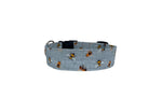 Whether choosing from a traditional dog collar, embroidered dog collar, or engraved buckle dog collar, you’ll find a great selection of personalized dog collars to choose from.  Duke & Fox® personalized dog collars come in a variety of unique styles and patterns. Our embroidered collars and engraved buckle collars also add to your dog's safety and your peace of mind with critical contact information should you and your dog get separated.  Honeybee dog collar. 
