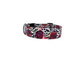 Whether choosing from a traditional dog collar, embroidered dog collar, or engraved buckle dog collar, you’ll find a great selection of personalized dog collars to choose from.  Duke & Fox® personalized dog collars come in a variety of unique styles and patterns. Our embroidered collars and engraved buckle collars also add to your dog's safety and your peace of mind with critical contact information should you and your dog get separated.  Rockabilly dog collar. 