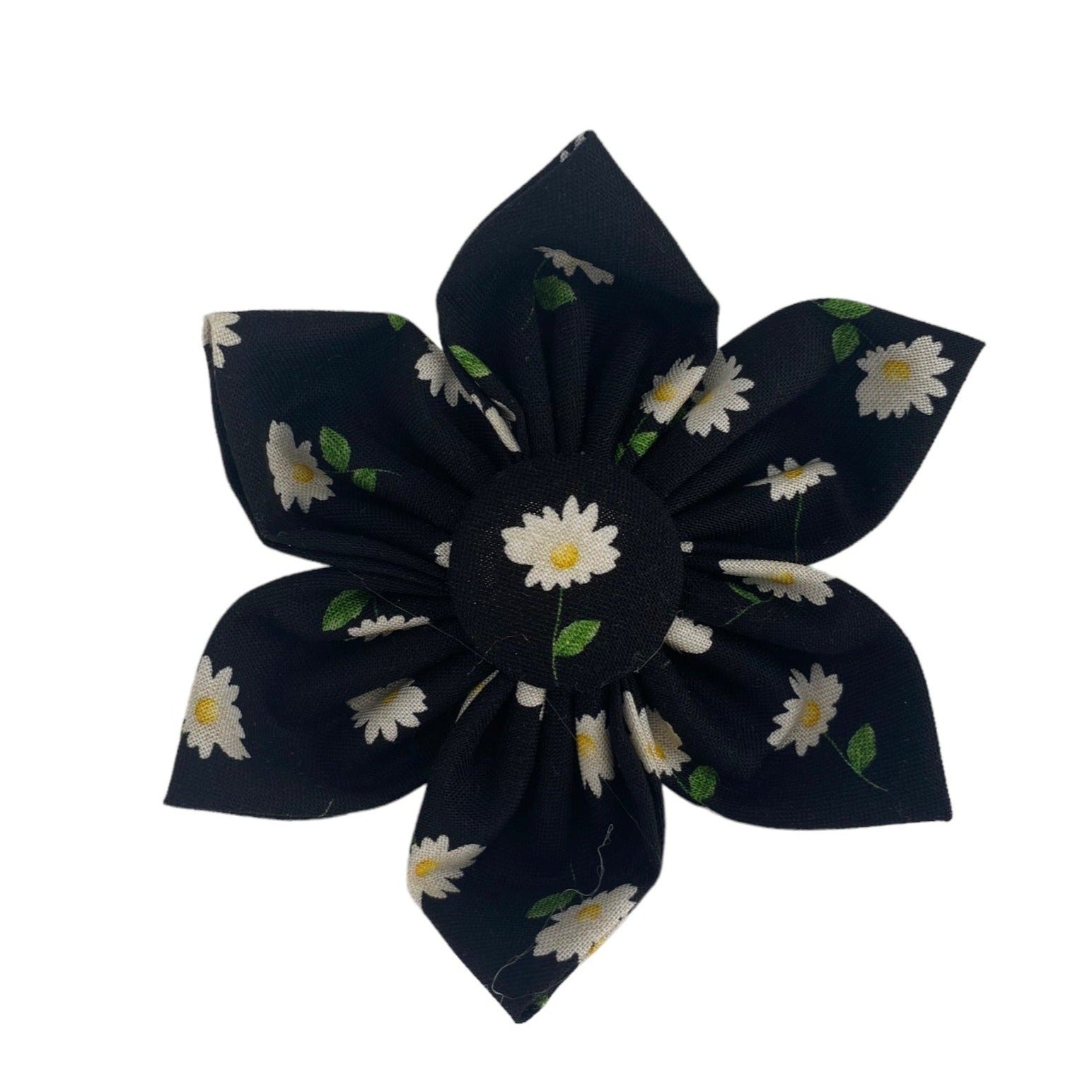 Daisy Dog Collar Flower. Dog Collar flower accessory. Duke & Fox dog collar accessory for personalized dog collars. Duke & Fox dog collar flowers will wrap onto any dog collar with a velcro strap.