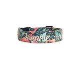 Embroidered Dog Collar by Duke & Fox. Coral and green dog collar with embroidered name and phone number. 
