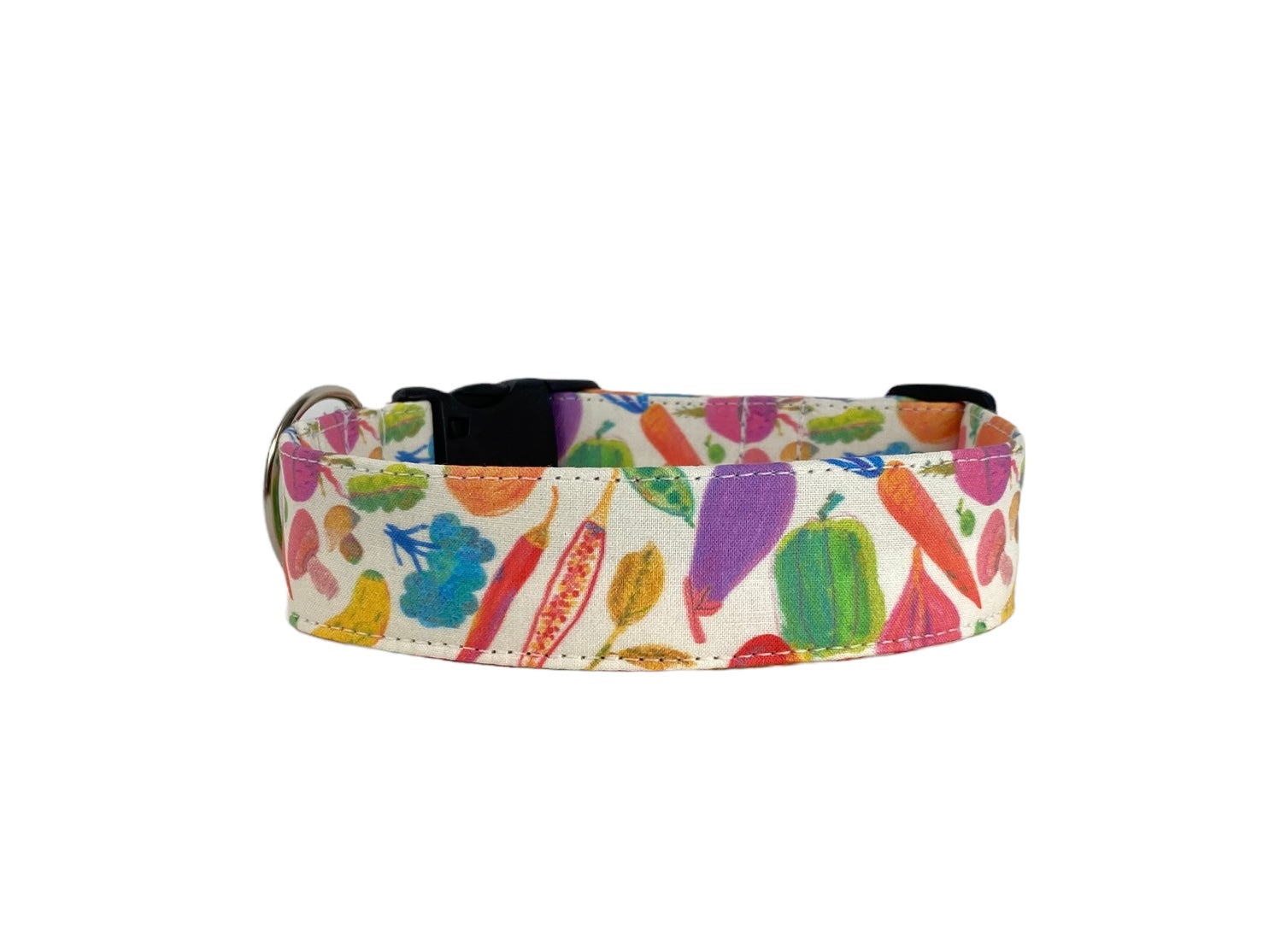 Whether choosing from a traditional dog collar, embroidered dog collar, or engraved buckle dog collar, you’ll find a great selection of personalized dog collars to choose from.  Duke & Fox® personalized dog collars come in a variety of unique styles and patterns. Our embroidered collars and engraved buckle collars also add to your dog's safety and your peace of mind with critical contact information should you and your dog get separated.  Raibow variety of vegetables dog collar. 