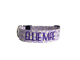 Whether choosing from a traditional dog collar, embroidered dog collar, or engraved buckle dog collar, you’ll find a great selection of personalized dog collars to choose from.  Duke & Fox® personalized dog collars come in a variety of unique styles and patterns. Our embroidered collars and engraved buckle collars also add to your dog's safety and your peace of mind with critical contact information should you and your dog get separated.  Lavender dog collar with white daisies. 