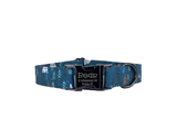Whether choosing from a traditional dog collar, embroidered dog collar, or engraved buckle dog collar, you’ll find a great selection of personalized dog collars to choose from.  Duke & Fox® personalized dog collars come in a variety of unique styles and patterns. Our embroidered collars and engraved buckle collars also add to your dog's safety and your peace of mind with critical contact information should you and your dog get separated.  Dark mountain dog collar with personalized engraved buckle. 